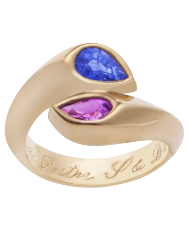 18k yellow gold you and me ring set with pink and blue sapphires