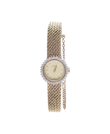 Omega watch in 18-karat yellow gold with diamonds. Available at VIRTU LUXURY.