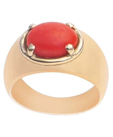 Coral Ring - Red Cabochon Ring - 18K Yellow Gold Ring - Dome Ring - VIRTU LUXURY