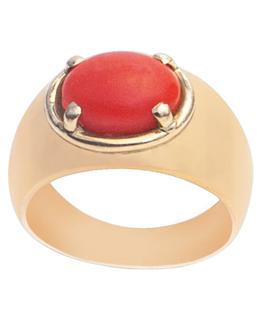 Coral Ring - Red Cabochon Ring - 18K Yellow Gold Ring - Dome Ring - VIRTU LUXURY