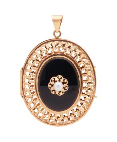 gold jewelry - gold locket pendant with pearl and black onyx - available in jewelry stores at VIRTU LUXURY