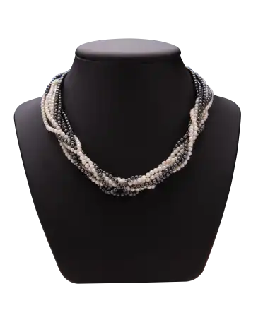 Prestige Multi-Strand Necklace with its black and white pearls. Available at VIRTU LUXURY.