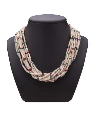 Pearl and Gemstone Cocktail is a necklace with a gold clasp. VIRTU LUXURY.