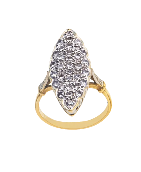 Bague Marquise en Fête avec 2 Ors blanc et jaune. Disponible chez VIRTU LUXURY.