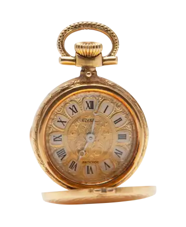 Pocket watch from the brand Elves in 18-karat yellow gold. Available at VIRTU LUXURY