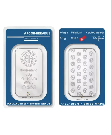 50 gram bar in PURE PALLADIUM in secure blister pack available at VIRTU LUXURY