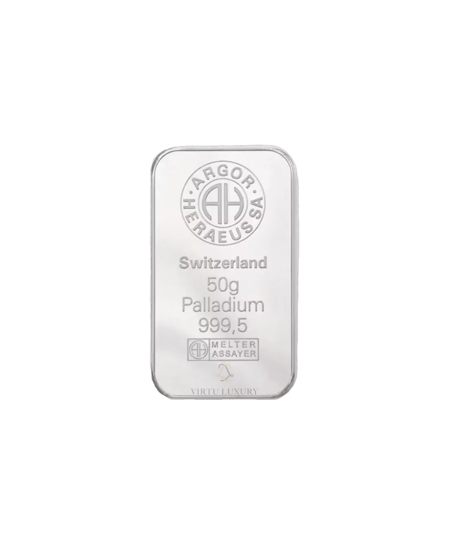 50 Grams PALLADIUM bar of pure 24K for sale available at VIRTU LUXURY