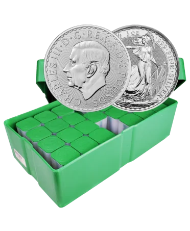 BOX OF 500 Silver BRITANNIA Charles III coins available at VIRTU LUXURY