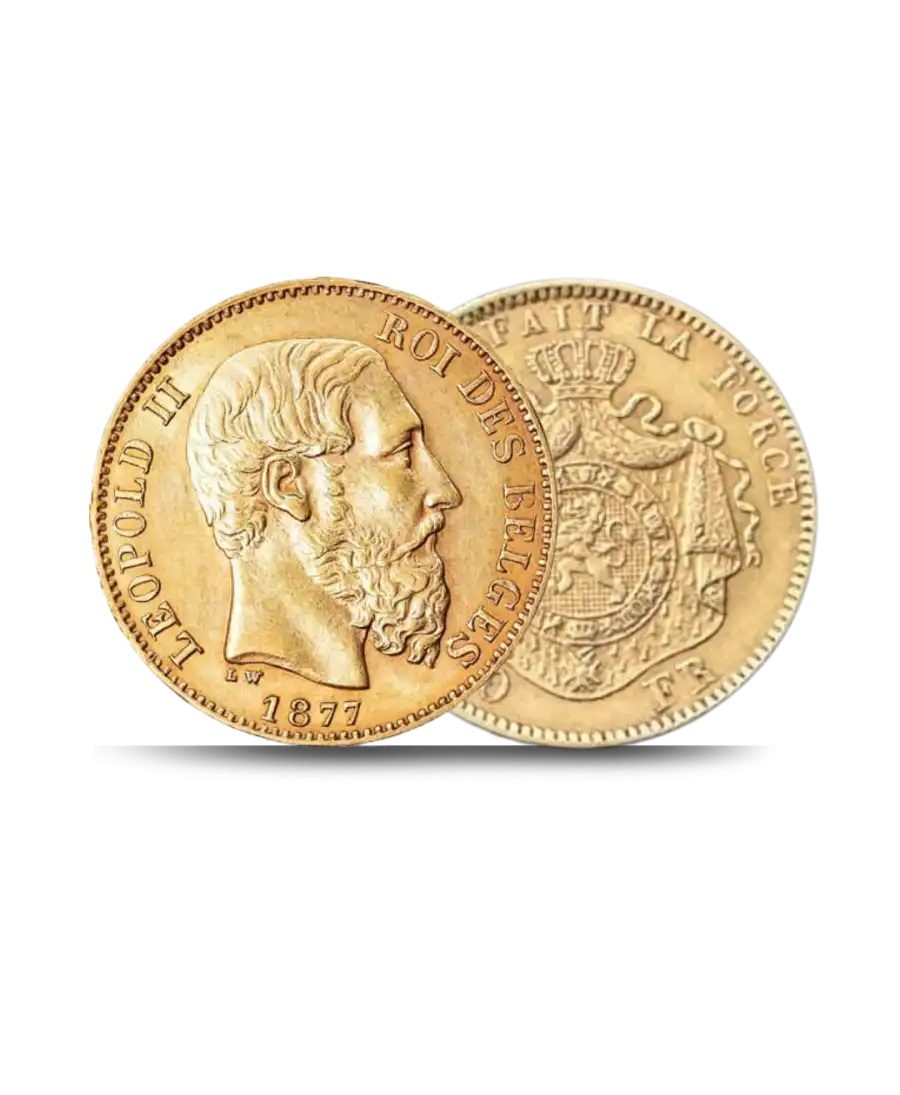 obverse and reverse Gold coin LATIN UNION Gold, 20 GOLD BELGIAN FRANCS available at VIRTU LUXURY obverse and reverse Gold coin LATIN UNION Gold, 20 GOLD BELGIAN FRANCS available at VIRTU LUXURY