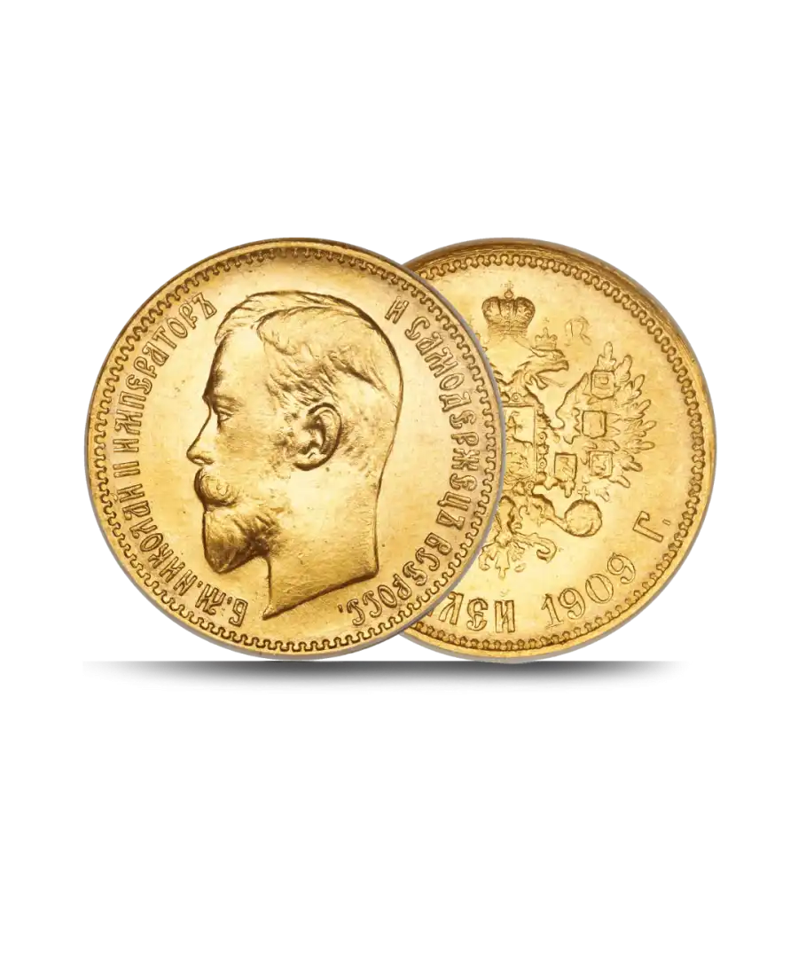 Obverse and Reverse of the 5 RUSSIAN RUBLES GOLD COIN featuring NICHOLAS II available at VIRTU LUXURY