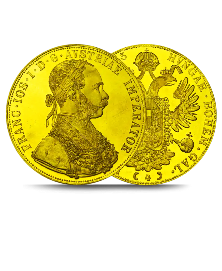 Obverse and Reverse of the AUSTRIAN FOUR 4 DUCATS GOLD Coin available ONLINE and IN STORE at VIRTU LUXURY