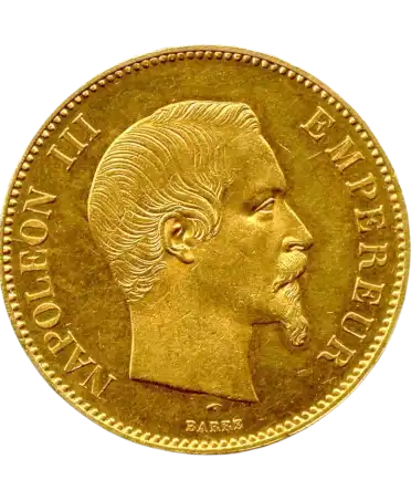 Obverse of the 100 Francs NAPOLEON III UNLAURELLED HEAD Gold coin at VIRTU LUXURY