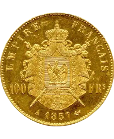 Reverse of the 100 Francs Gold Napoleon III Uncrowned Head coin for sale at VIRTU LUXURY