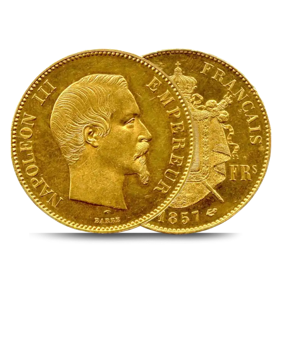 Obverse and Reverse of the 100 Gold Francs NAPOLEON III BARE HEAD gold coin available at VIRTU LUXURY Obverse and Reverse of the 100 Gold Francs NAPOLEON III BARE HEAD gold coin available at VIRTU LUXURY