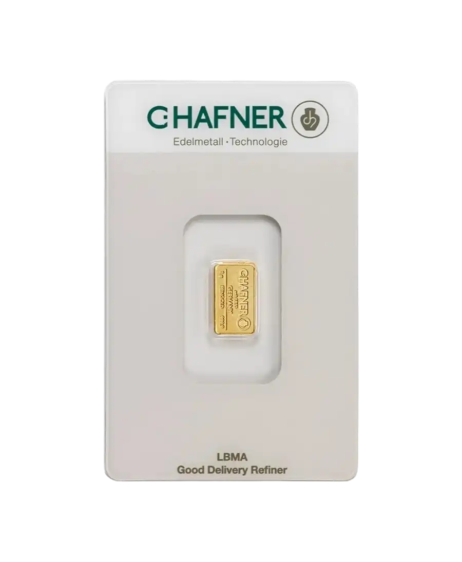 front of the 1 Gram bar of pure 24K gold by C. HAFNER for sale available at VIRTU LUXURY