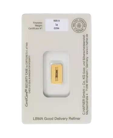 back of the 1-gram 24K pure gold C. HAFNER small bar for sale available at VIRTU LUXURY