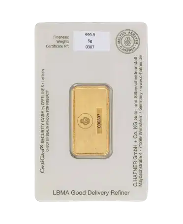 reverse of the 5 Gram C. HAFNER 24K pure gold small bar for sale available at VIRTU LUXURY