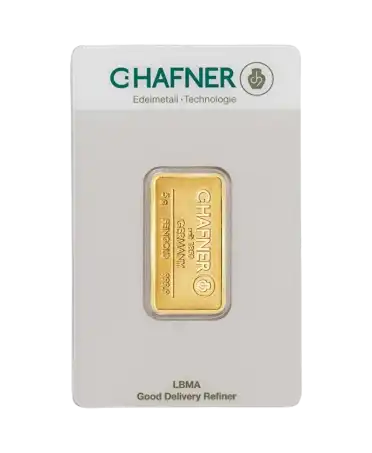 obverse of the 5 Gram C. HAFNER 24K pure gold bar for sale available at VIRTU LUXURY