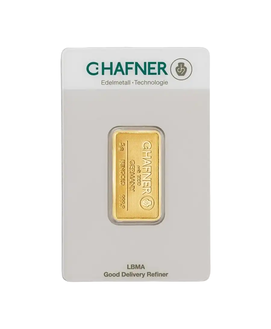 obverse of the 5 Gram C. HAFNER 24K pure gold bar for sale available at VIRTU LUXURY