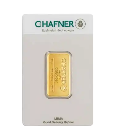 front of the 10 Gram stamped bar from C. HAFNER in recycled 24K pure gold on sale available at VIRTU LUXURY