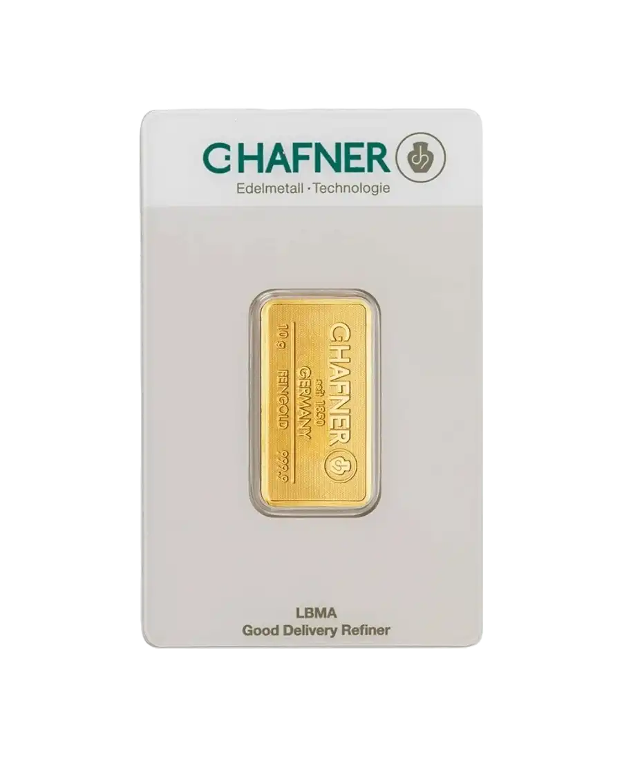 front of the 10 Gram stamped bar from C. HAFNER in recycled 24K pure gold on sale available at VIRTU LUXURY