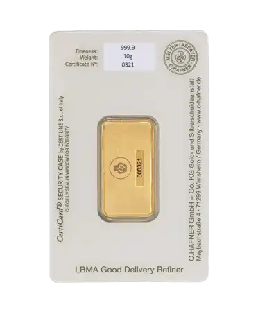 Back of the 10 Gram C. HAFNER pure 24K gold bar for sale available at VIRTU LUXURY