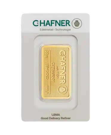 front of the 20-gram stamped bar of C. HAFNER 24K pure gold for sale available at VIRTU LUXURY