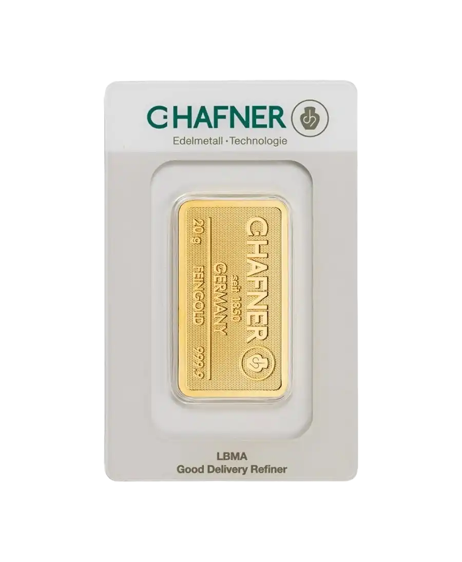 front of the 20-gram stamped bar of C. HAFNER 24K pure gold for sale available at VIRTU LUXURY front of the 20-gram stamped bar of C. HAFNER 24K pure gold for sale available at VIRTU LUXURY