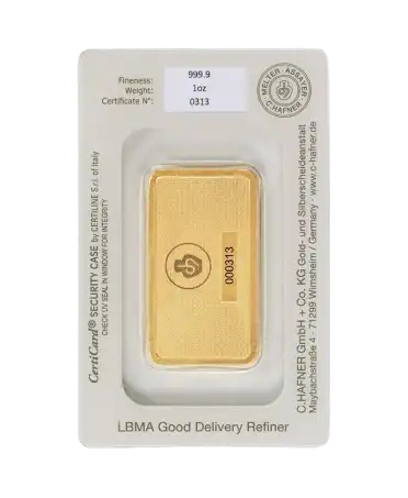 back of the minted one ounce C. HAFNER 24K pure gold bar available for sale at VIRTU LUXURY