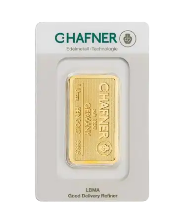 front of the 1 ounce C. HAFNER 24K pure gold bar on sale available at VIRTU LUXURY