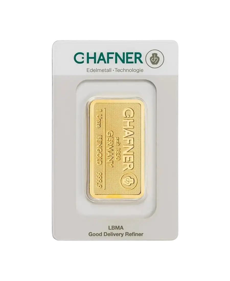 front of the 1 ounce C. HAFNER 24K pure gold bar on sale available at VIRTU LUXURY