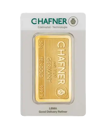 front of the 50 gram stamped gold bar made of pure 24K gold by C. HAFNER for sale available at VIRTU LUXURY