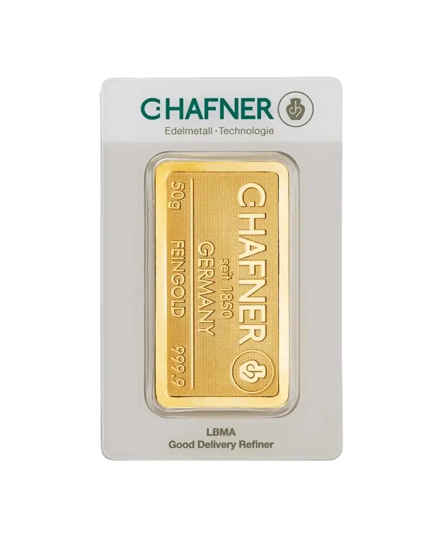 front of the 50 gram stamped gold bar made of pure 24K gold by C. HAFNER for sale available at VIRTU LUXURY