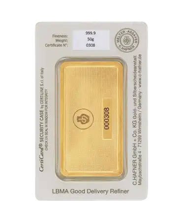 back of the 50 gram small gold bar made of pure 24K recycled gold by C. HAFNER for sale available at VIRTU LUXURY