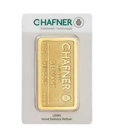 front of the 100 Gram C. HAFNER 24K pure gold bar on sale available at VIRTU LUXURY