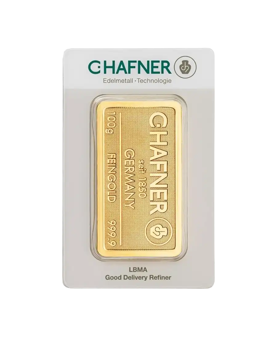 front of the 100 Gram C. HAFNER 24K pure gold bar on sale available at VIRTU LUXURY