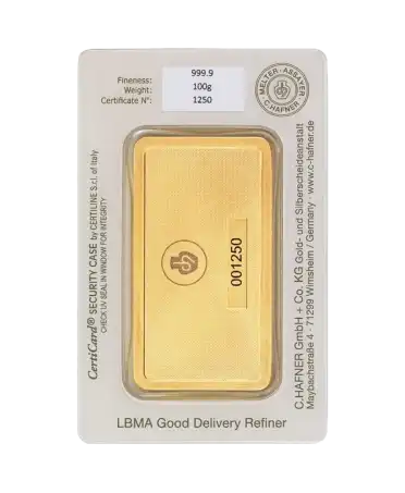 back of the 100-gram C. HAFNER 24K pure gold bar for sale available at VIRTU LUXURY