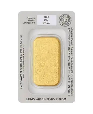 back of the 100 Gram cast bar of C. HAFNER of 24K pure cast gold for sale available at VIRTU LUXURY