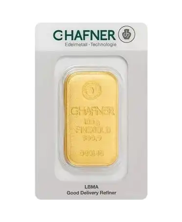 front of the 100 Gram cast bar of C. HAFNER of 24K pure gold for sale available at VIRTU LUXURY