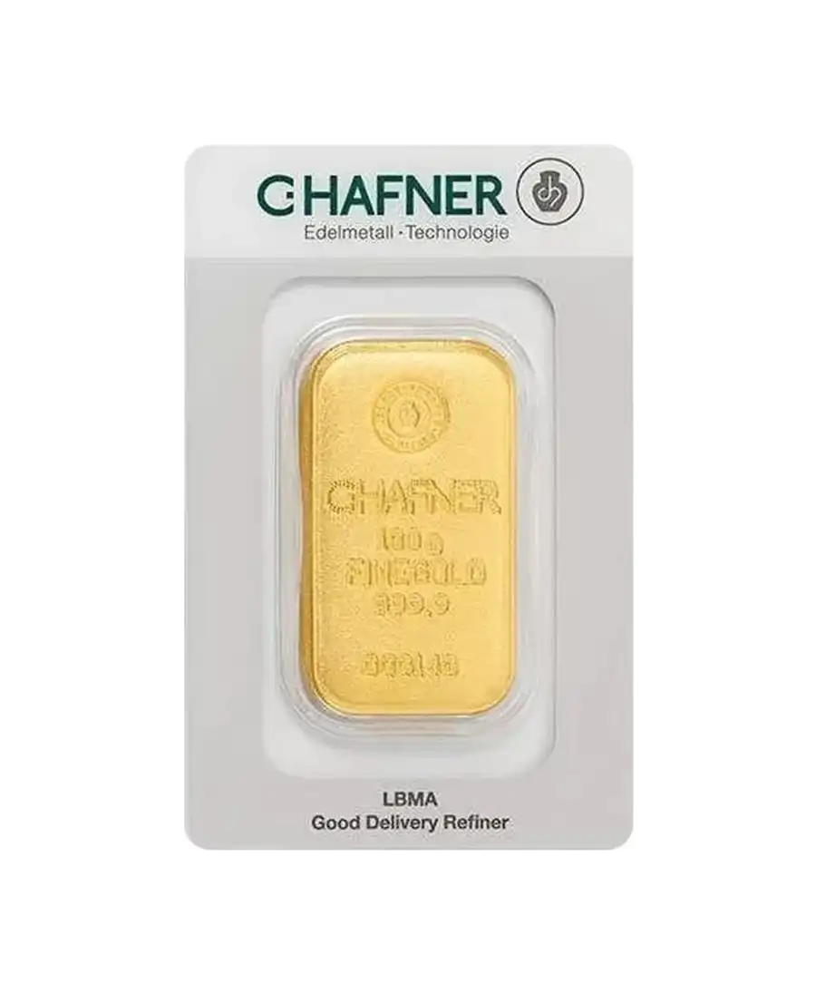 front of the 100 Gram cast bar of C. HAFNER of 24K pure gold for sale available at VIRTU LUXURY