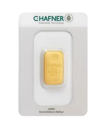 front of the C. HAFNER 250 Grams cast gold bar 24K pure cast gold for sale available at VIRTU LUXURY