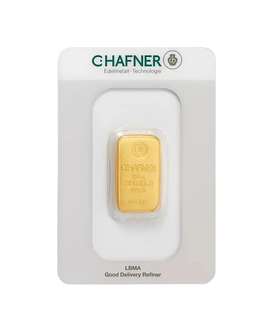 front of the C. HAFNER 250 Grams cast gold bar 24K pure cast gold for sale available at VIRTU LUXURY