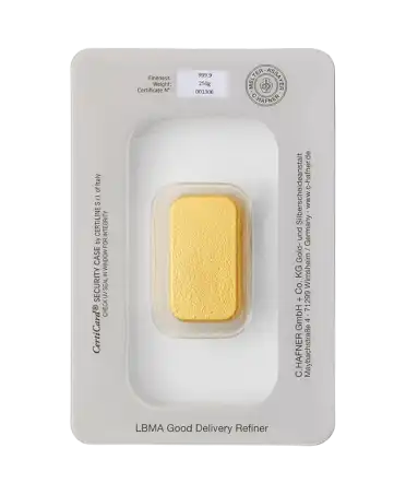 back of the 250 gram cast gold bar made of pure 24K recycled and cast gold by C. HAFNER for sale available at VIRTU LUXURY