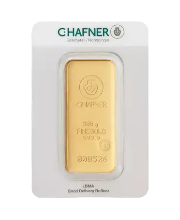 front of the 500-gram cast bar of C. HAFNER 24K pure recycled gold for sale available at VIRTU LUXURY