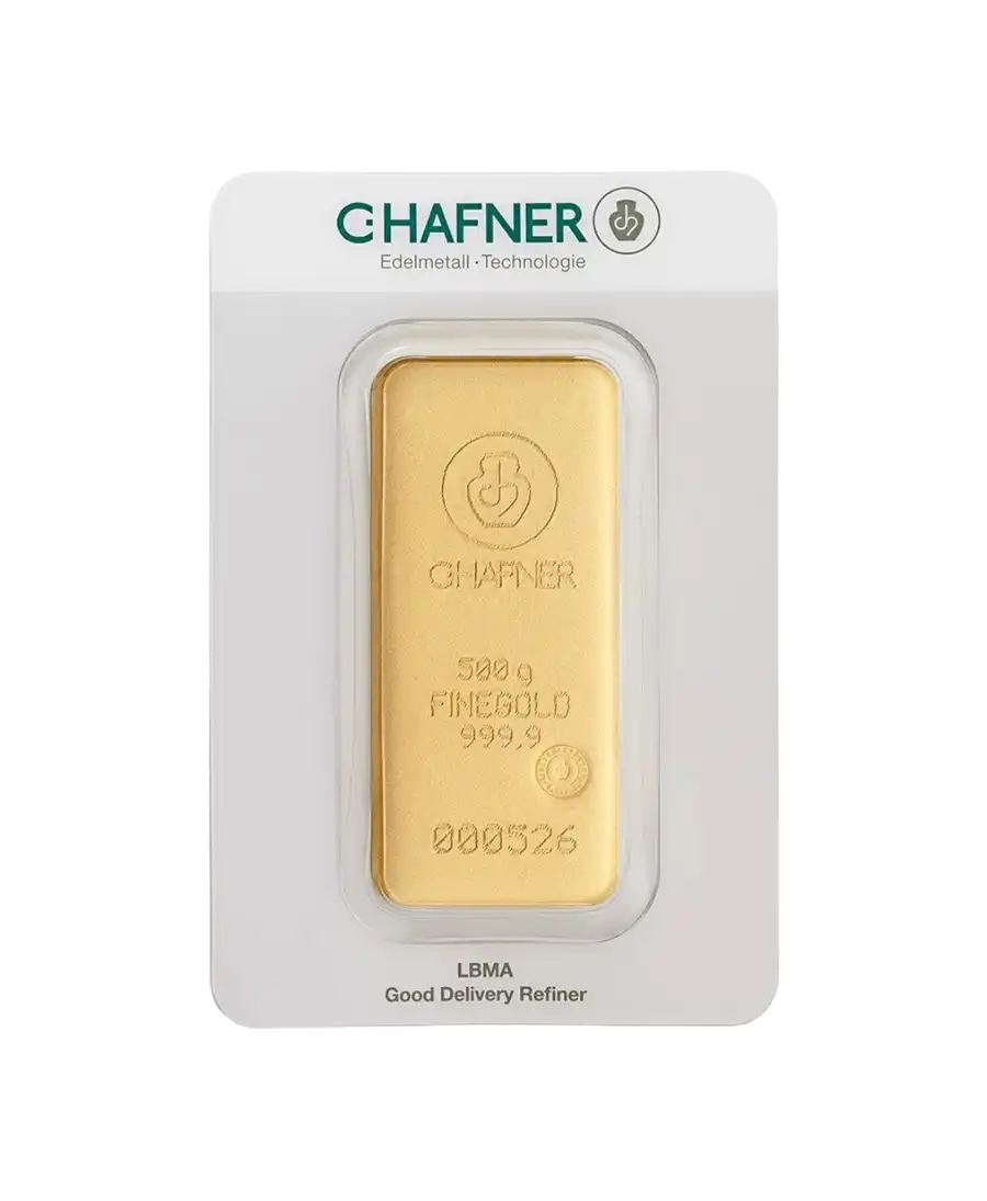 front of the 500-gram cast bar of C. HAFNER 24K pure recycled gold for sale available at VIRTU LUXURY front of the 500-gram cast bar of C. HAFNER 24K pure recycled gold for sale available at VIRTU LUXURY