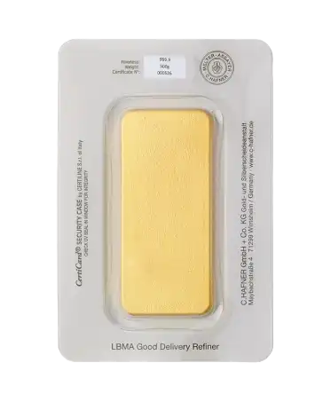 back of the 500 Grams C. HAFNER cast bar of 24K pure recycled gold for sale available at VIRTU LUXURY