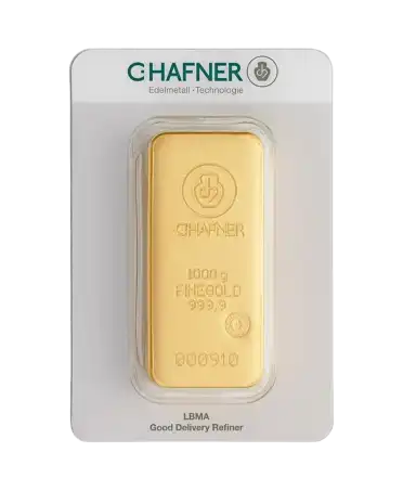 front of the 1 Kilogram cast bar of C. HAFNER 24K pure recycled gold for sale available at VIRTU LUXURY