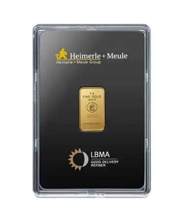 front of the 5 Gram bar of pure 24K gold by HEIMERLE UND MEULE for sale available at VIRTU LUXURY