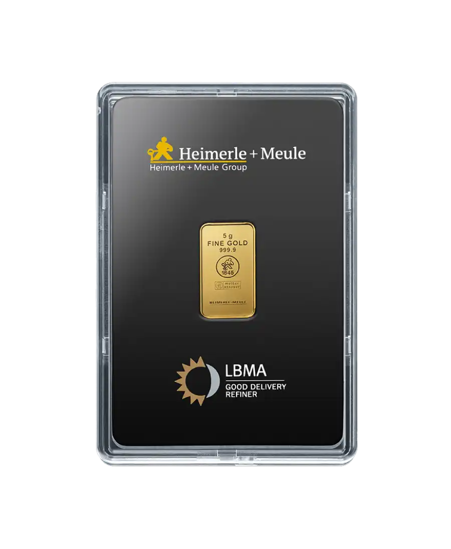 front of the 5 Gram bar of pure 24K gold by HEIMERLE UND MEULE for sale available at VIRTU LUXURY