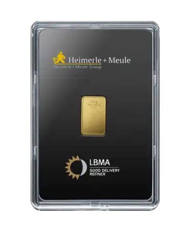front of the 2.5 Grams HEIMERLE AND MEULE bar of pure 24K recycled gold for sale available at VIRTU LUXURY
